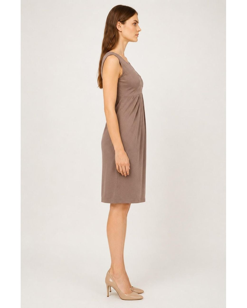 Conquista Brown Pleated Empire-Line Jersey Dress
