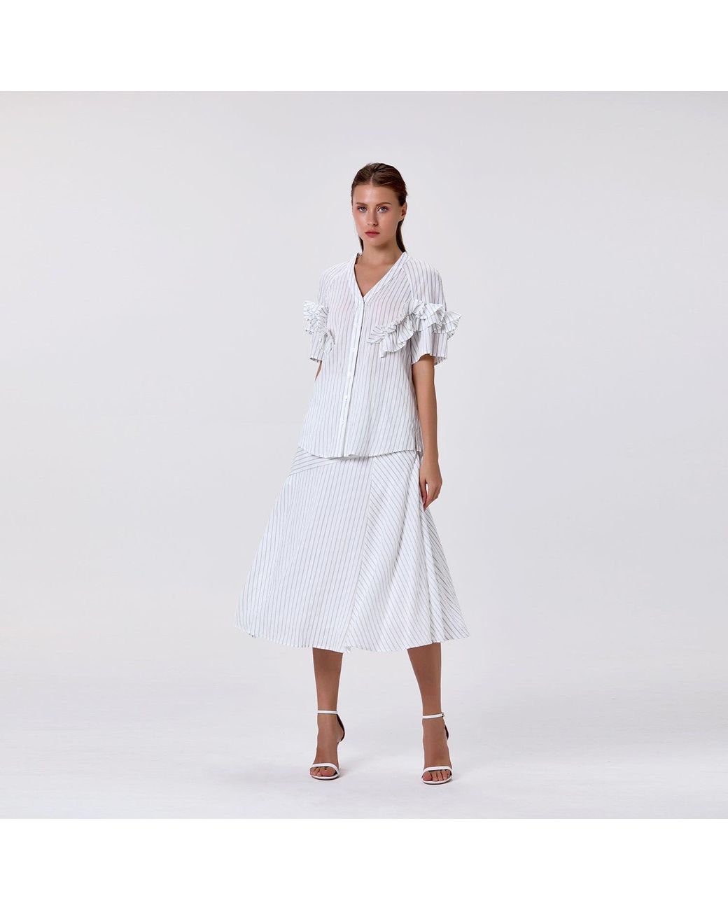 Smart and Joy White Flared Midi Skirt With Stripes