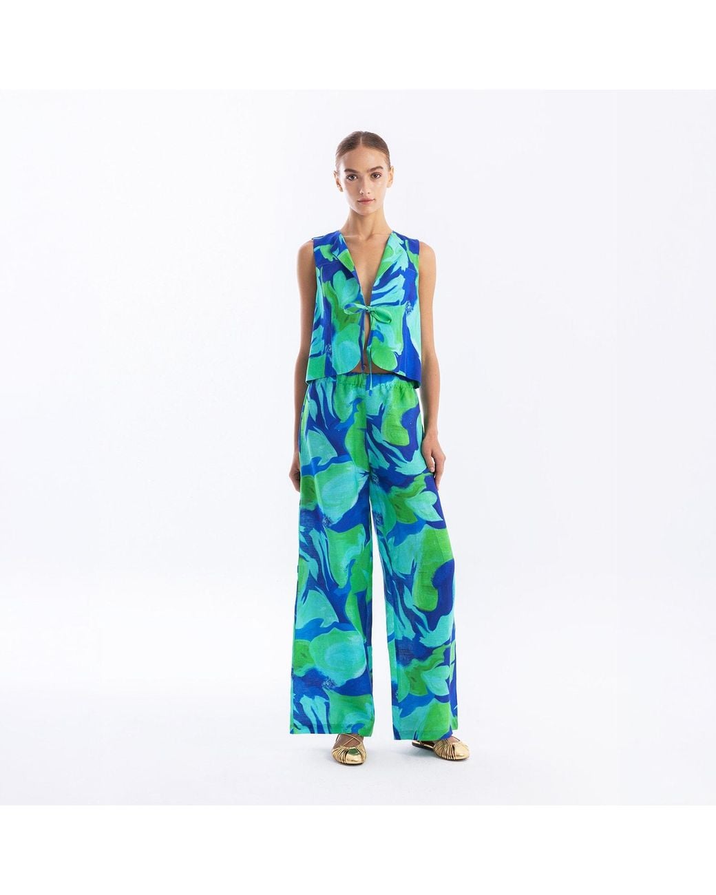 Haris Cotton Green Relaxed Fit Printed Linen Pants With Elastic Waist Lagoon