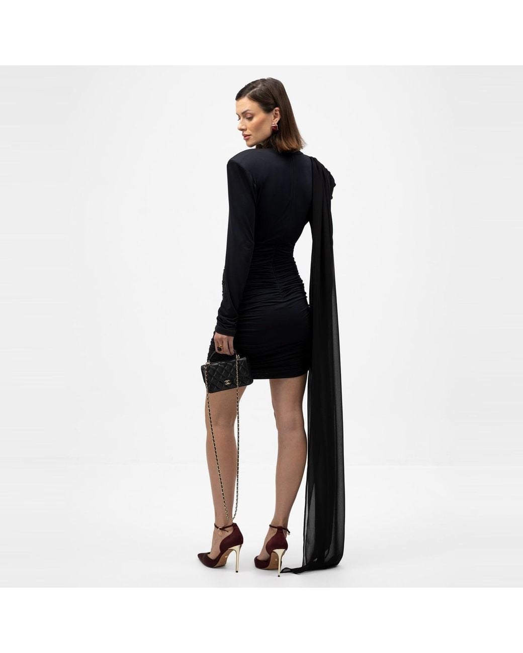 Mandragora Black Mini Dress With Ruched Skirt And Scarf Roa