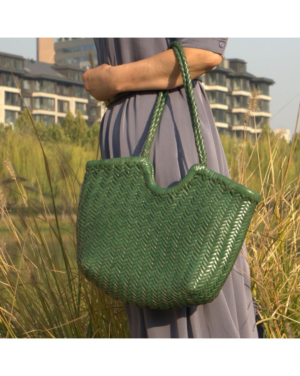Rimini Green Woven Leather Handbag
