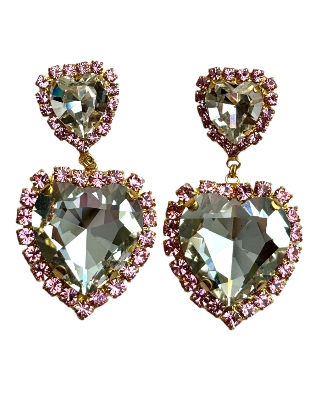 Laura Gray Metallic Double Heart Crystal Post Earrings