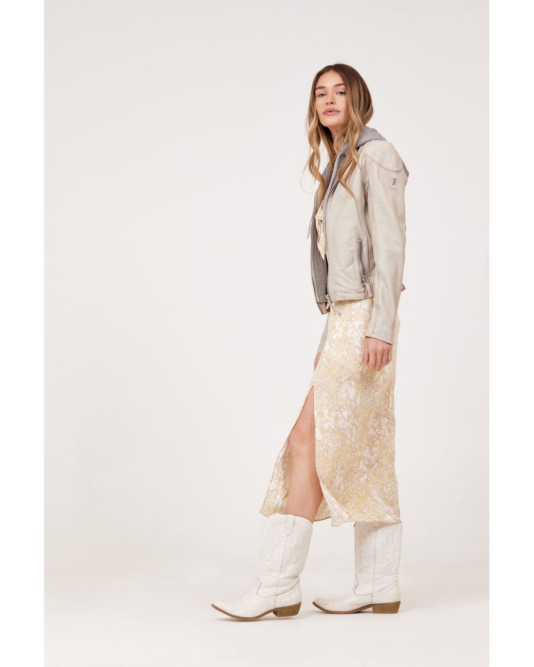 Mauritius Gray Neutrals Leather Moto Jacket Removable Hood Finja Light