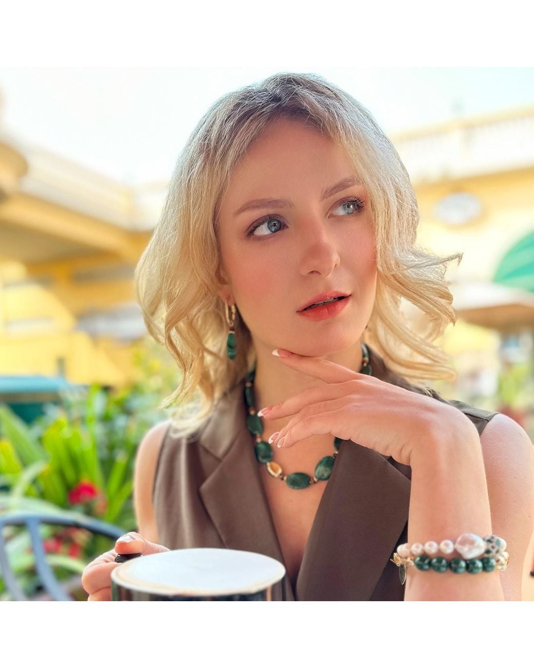 Farra Green Oval Malachite With Tiger Stone Chic Earrings