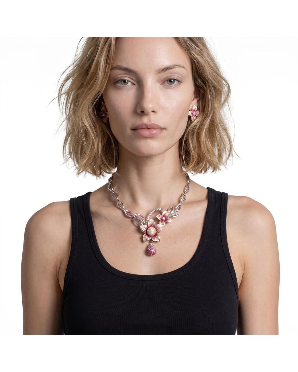 Modenaire Pink Flower Necklace And Earrings Set