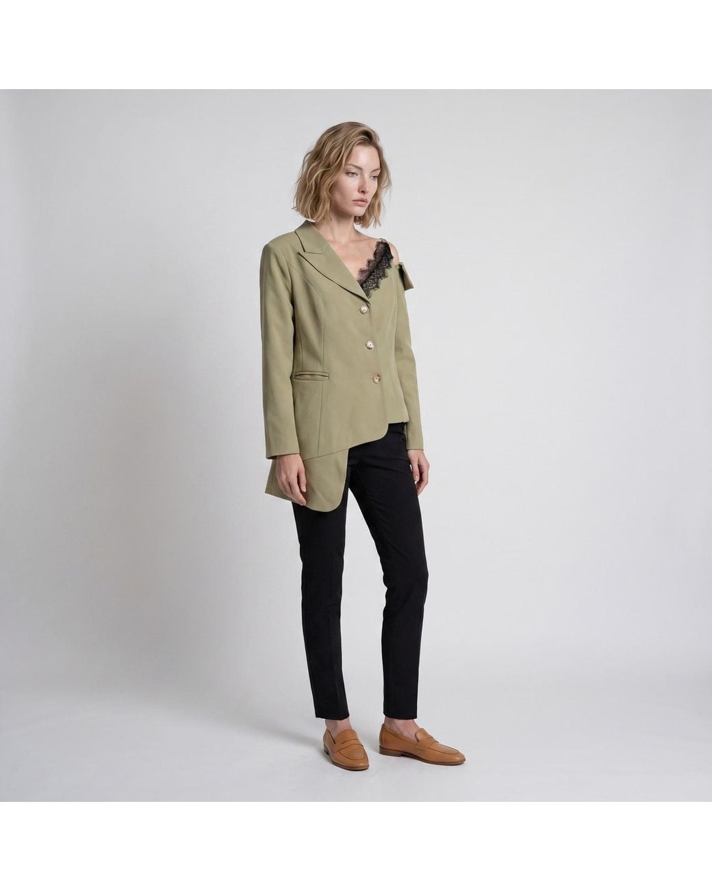 Modenaire Green Neutrals Asymmetric One Shoulder Tailored Blazer Jacket