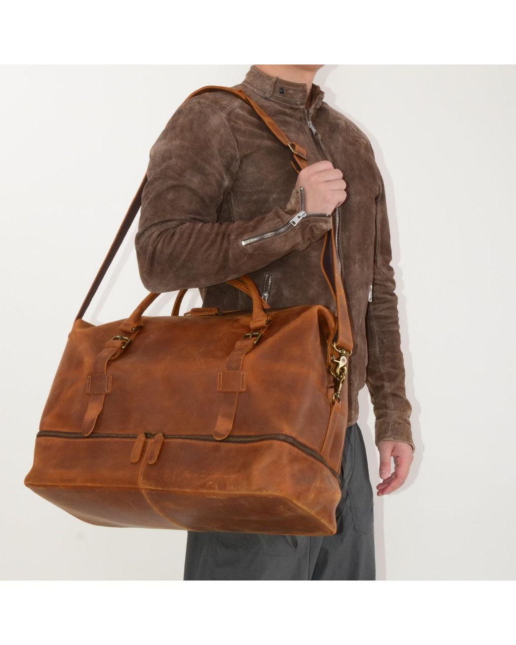 Touri Brown Genuine Leather Holdall Weekender With Extra Compartment for men