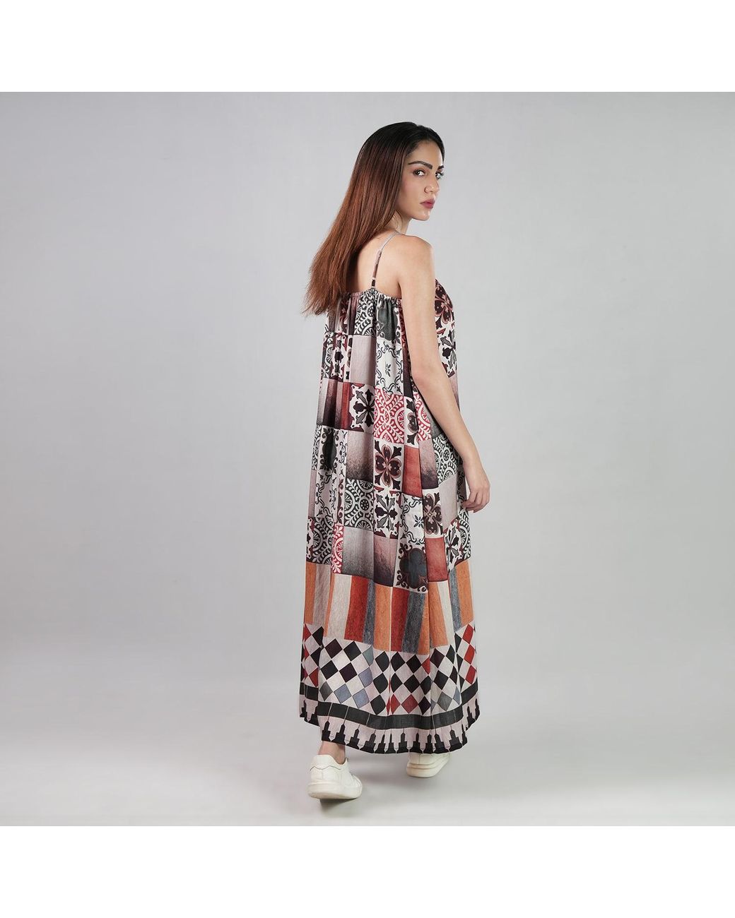 DHARA SHETH DUBAI Red Celestial Tesserae Mosaic Print Spaghetti Strap Cotton Maxi Dress