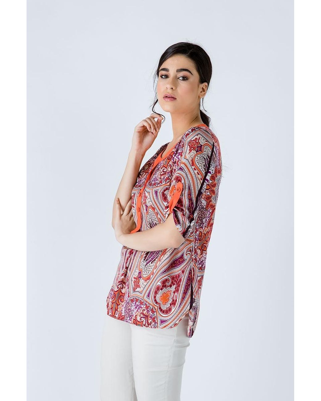 Conquista Red Print Poplin Top With Trim