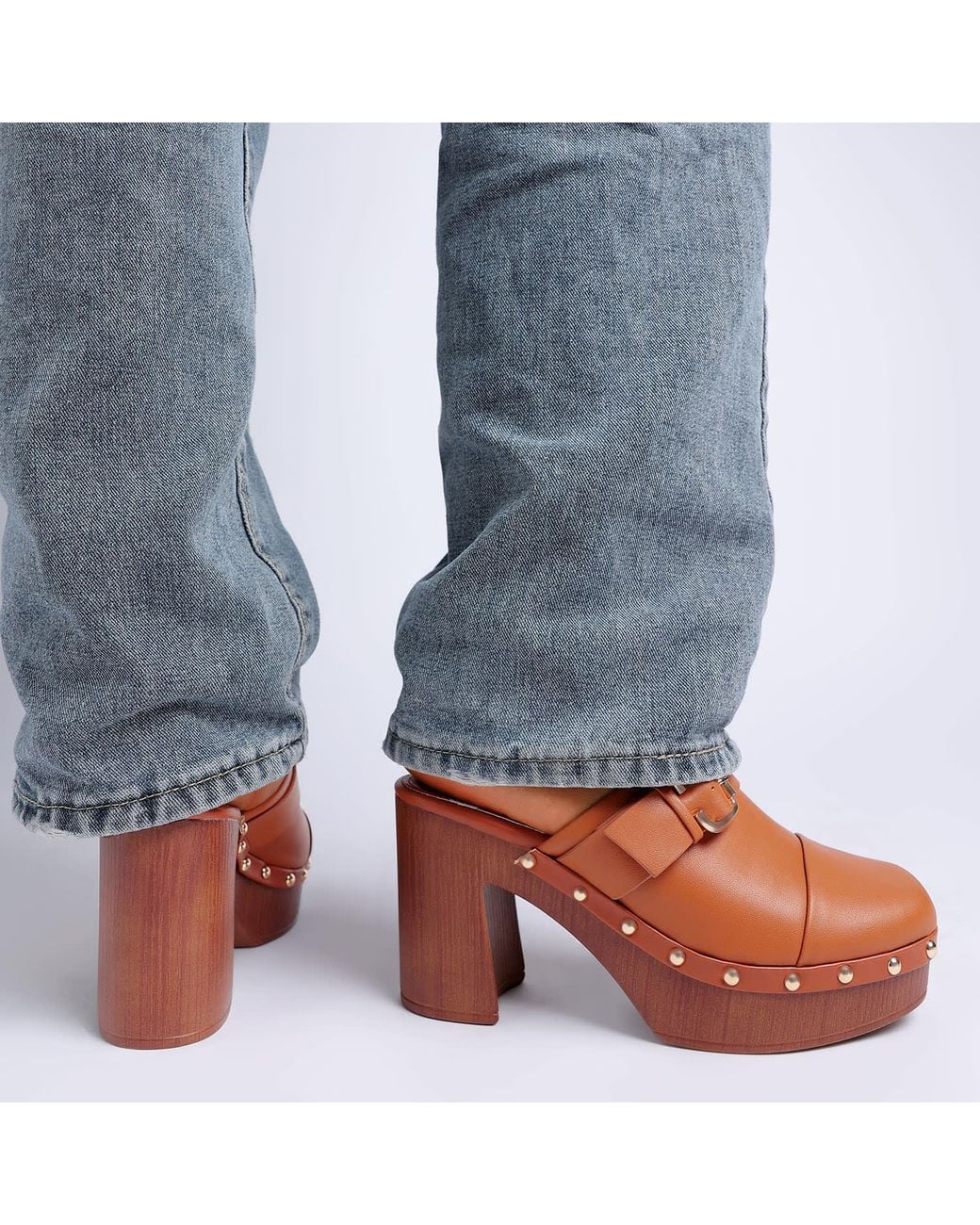Rag & Co Brown Septim Genuine Leather Studded Clog Heels