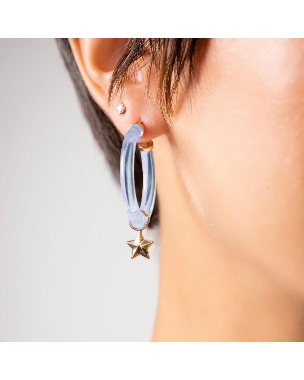 Gold & Honey Blue Mini Star Charm Hoop Earrings
