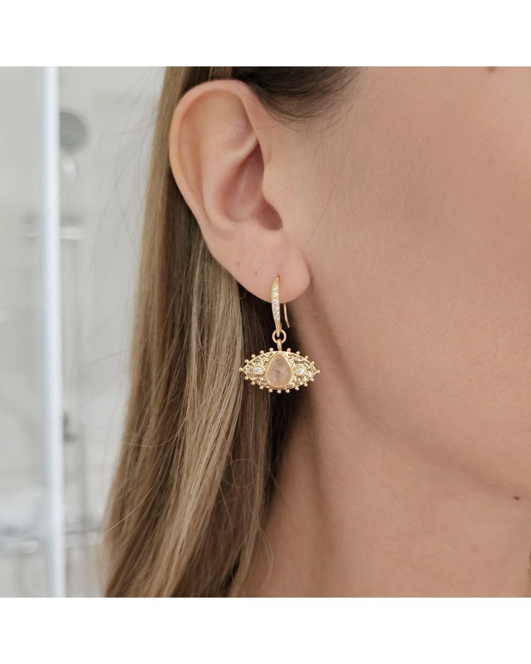 Farra Metallic Evil Eye Adorned Rose Quartz Stone Earrings