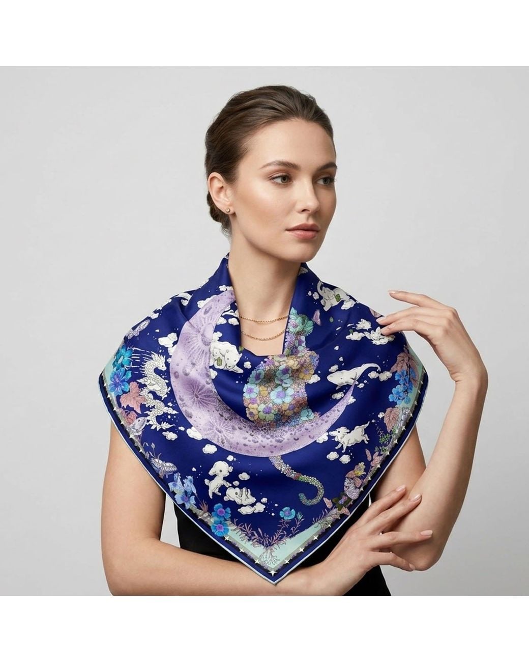 Wenzi Blue Neutrals Moonlit Menagerie Hand Painted Double Sided Silk Twill Scarf