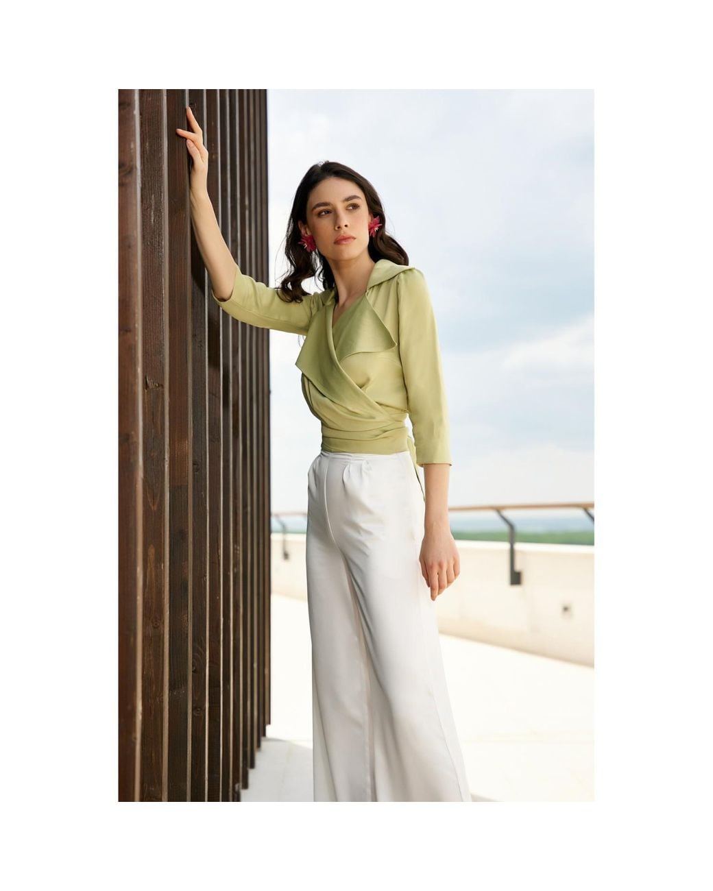 AVENUE No.29 Yellow Satin Viscose Lapel Wrap Blouse With Bow