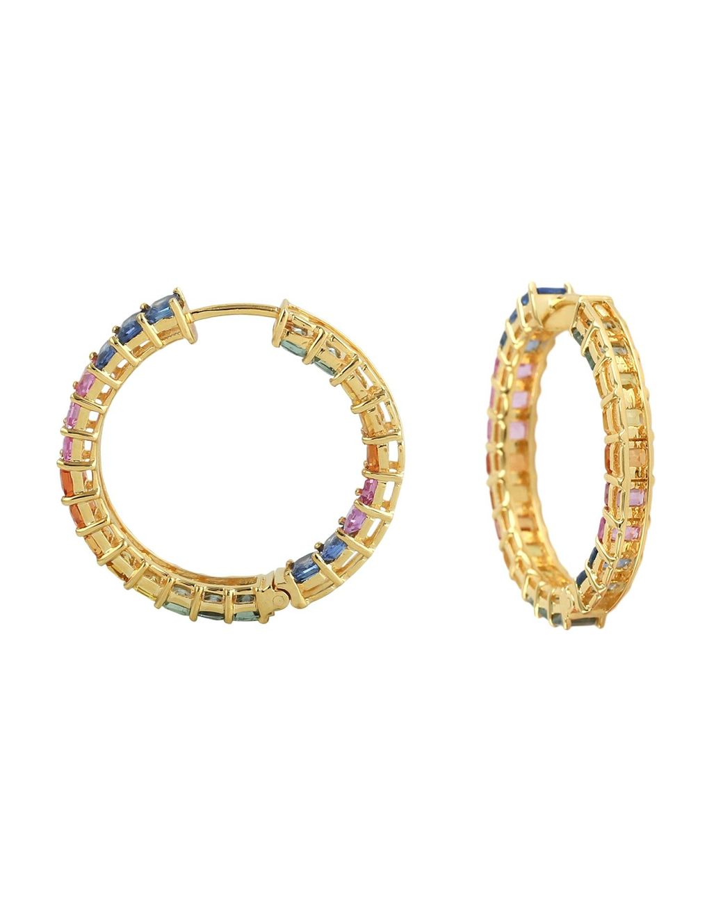 Artisan Metallic Multi Color Sapphire Gemstone Hoop Earrings