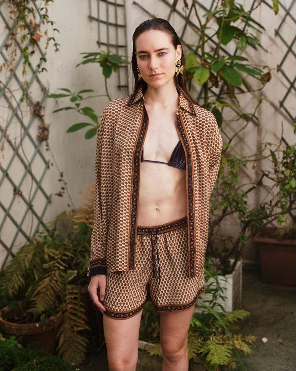 Monzlapur New York Brown Embossed Botanic Crepe Shorts