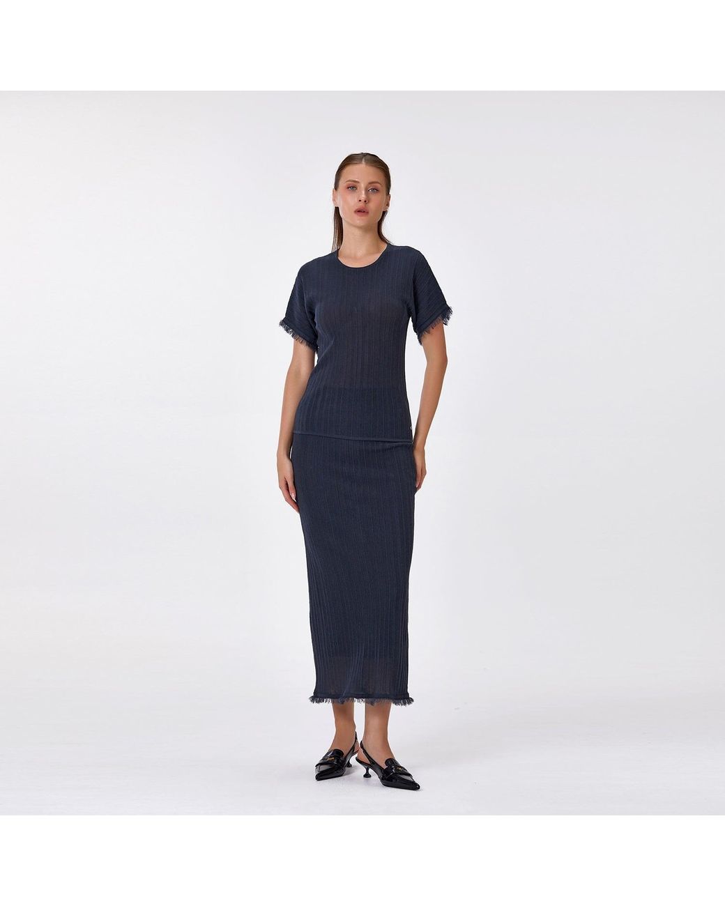 Smart and Joy Blue Long Ribbed Knit Skirt