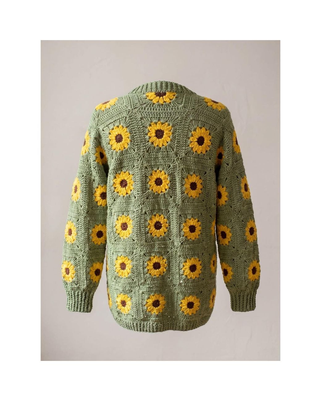 Ana Chic Green Sage Sunflower Button Front Handmade Crochet Cardigan