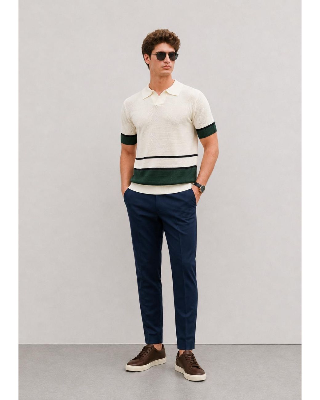 Vayla White Neutrals V-Neck Open Collar Knitted Shirt for men
