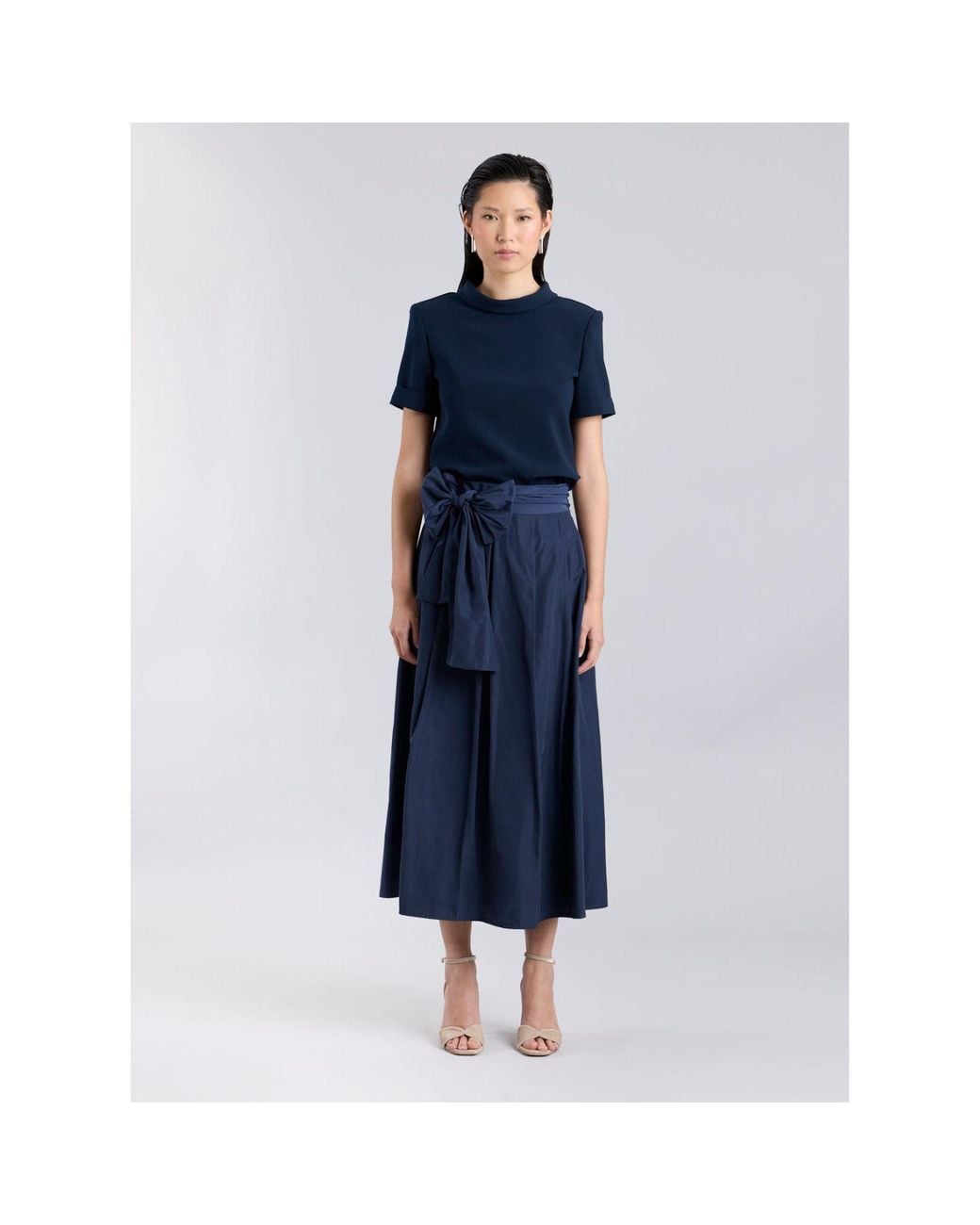 The Extreme Collection Blue Midi Skirt Taffeta With Waist Tie