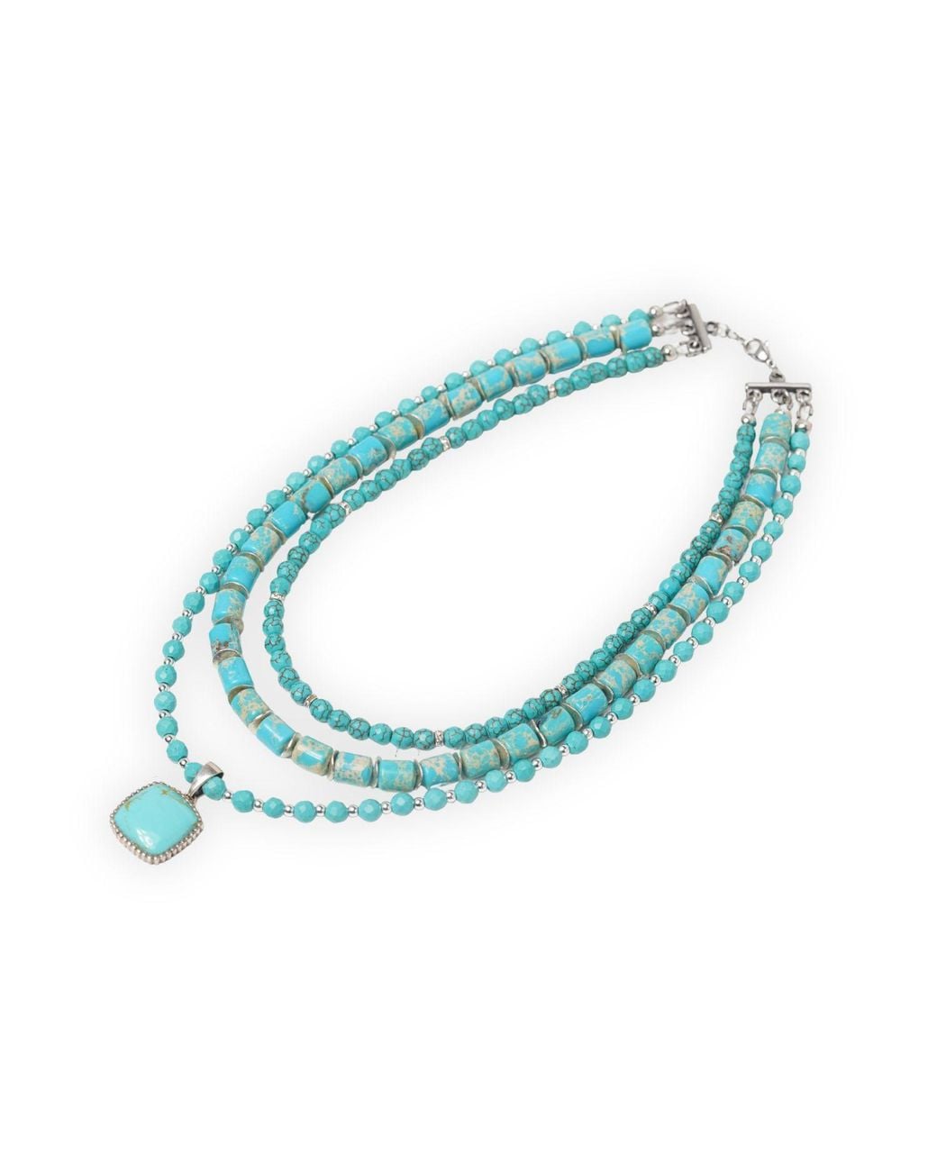 Urbane Jewelry Studio Blue Three-Strand Beaded Statement Necklace W/ Square Pendant