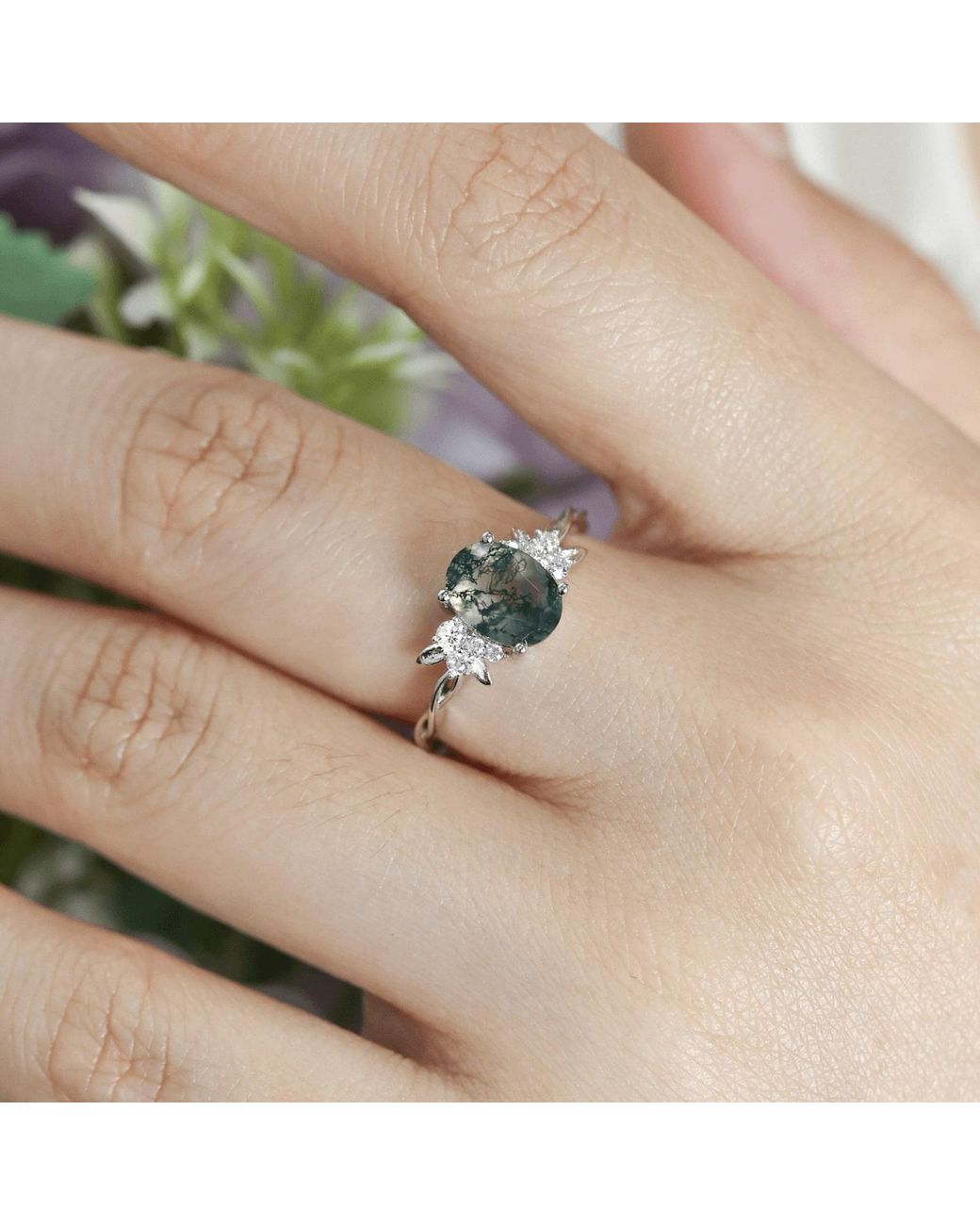 Azura Jewelry New York Green Enchanted Garden Moss Agate Ring Vermeil