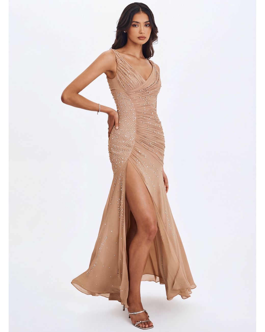 Miss Circle New York Brown Neutrals Viveca Apricot Crystal-Embellished Asymmetrical Ruched Maxi Dress