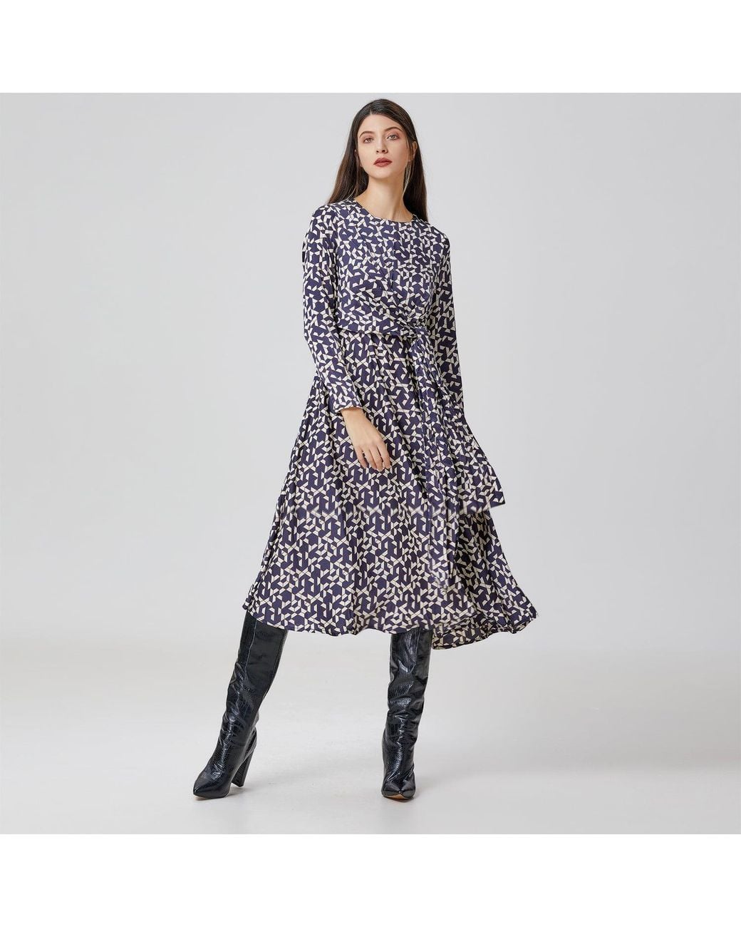 Smart and Joy Black Flared Printed Satin Dress With Side Knotted Panel