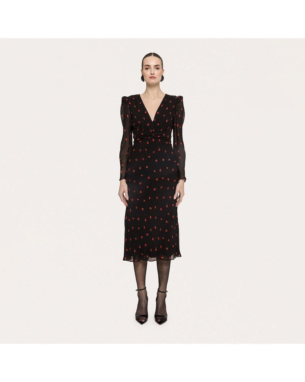 Nissa Black Rose-Print Viscose Midi Dress