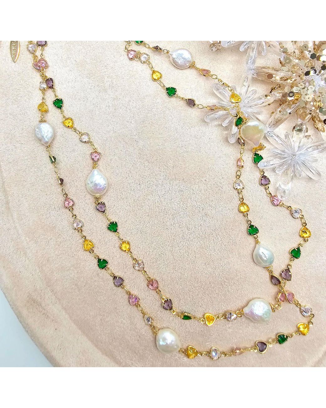 Farra White Colorful Heart Zircon Chain With Baroque Pearls Long Station Necklace