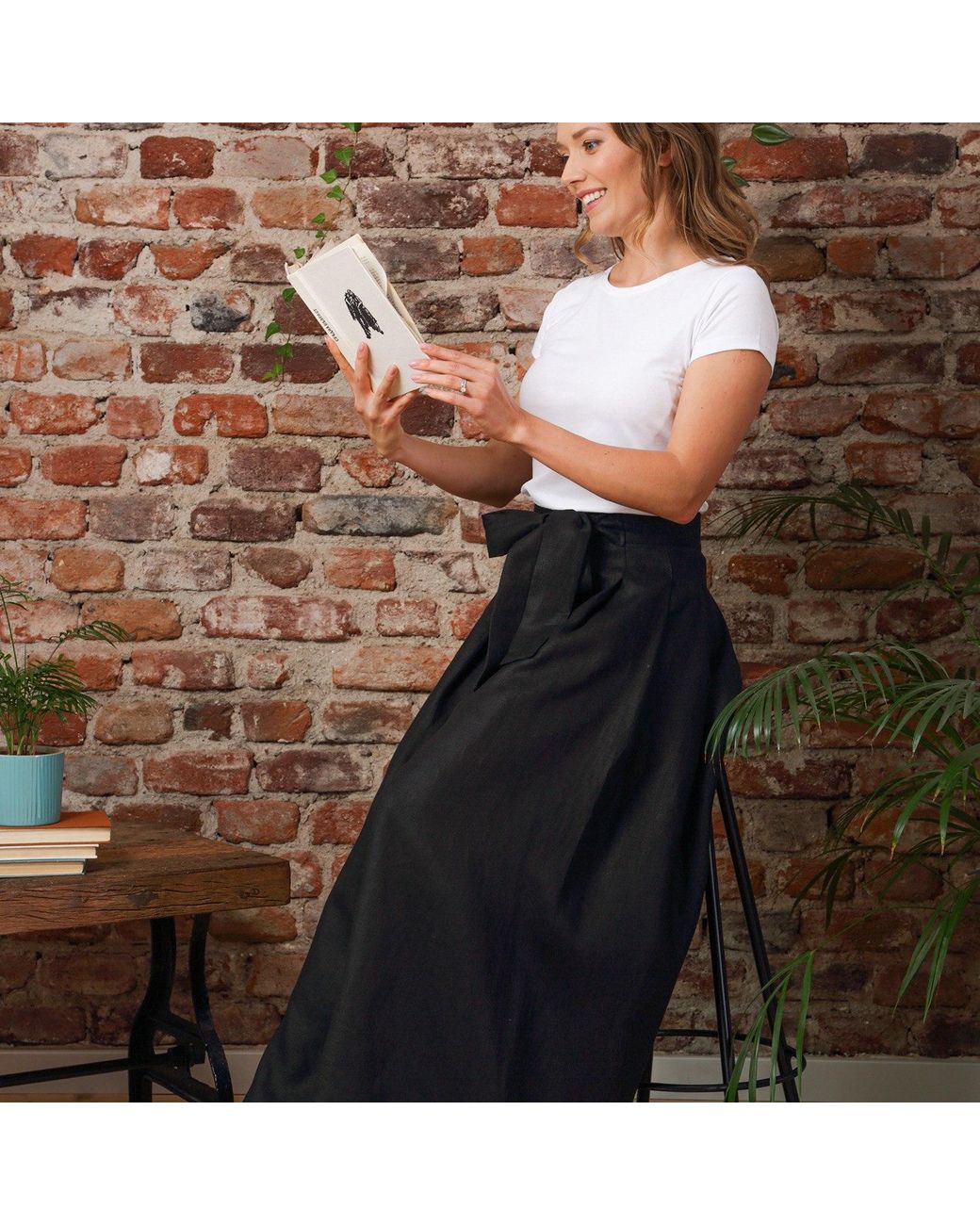 Nikka Place Black Wrap Around Wide Leg Linen Pants With Front Tie