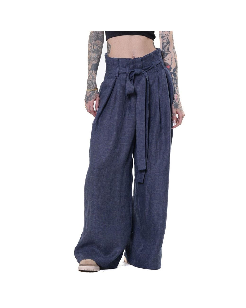 Metamorph Blue Linen Denim Wide-Leg Trousers