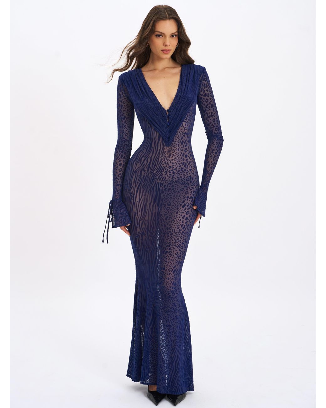 Miss Circle New York Blue Ilyse V-Neck Plunge Animal Print Mermaid Hem Maxi Dress