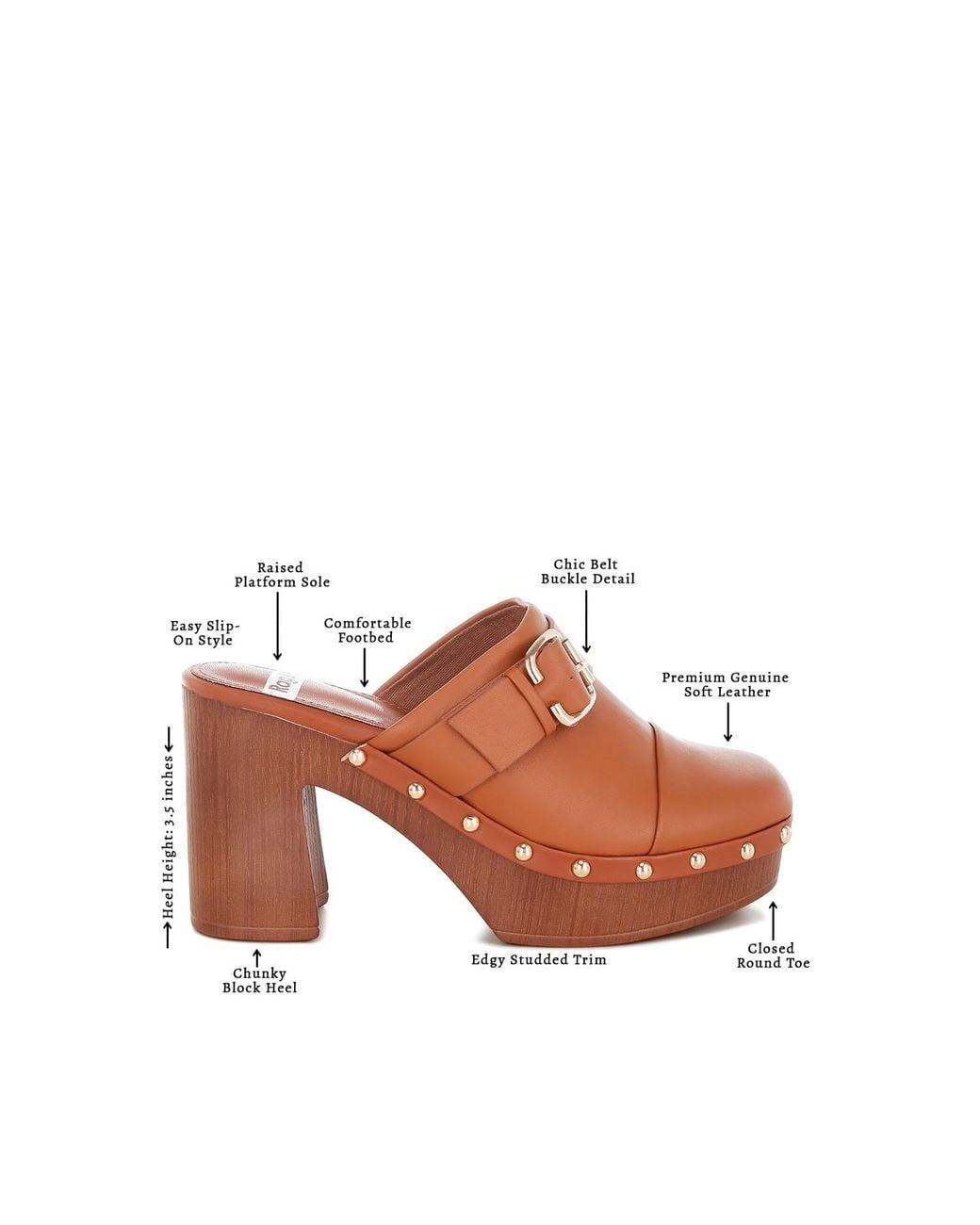 Rag & Co Brown Septim Genuine Leather Studded Clog Heels