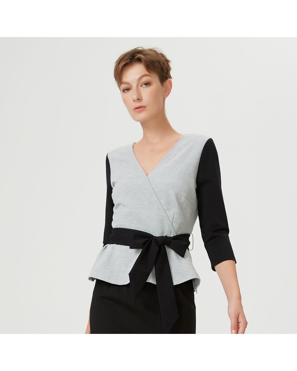 Smart and Joy Gray Peplum Top With Cross-Heart Effect & Belt