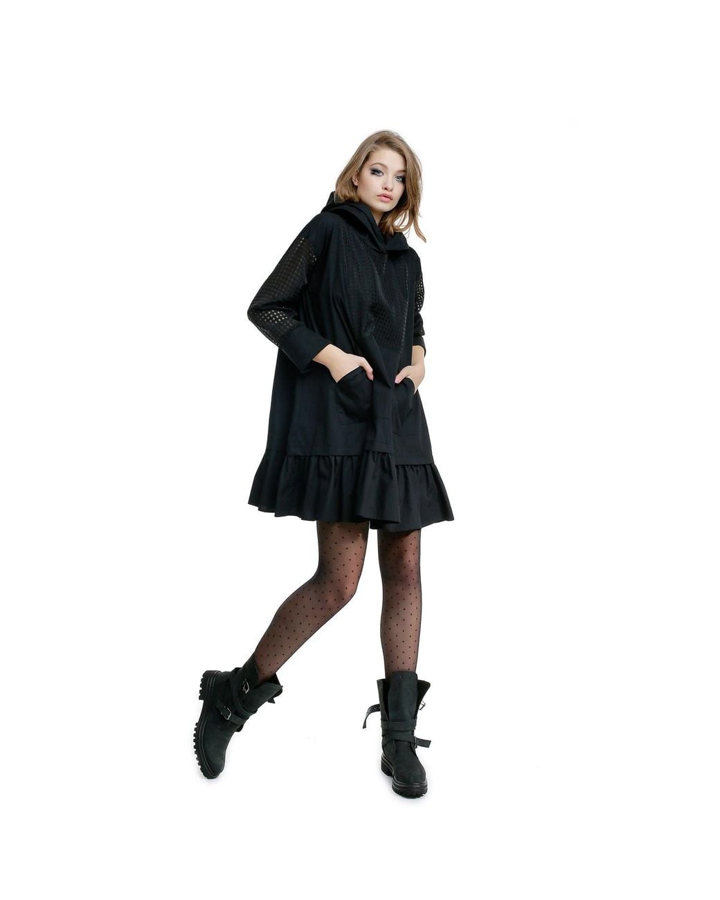 Larisa Dragna Black Hoodie-Style Dress With A Gingham Insert