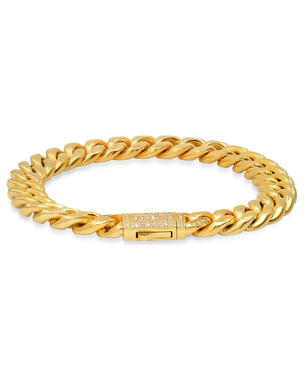 Steeltime Metallic Stainless Steel 18K Plated 10Mm Miami Cuban Bracelet With Cz Monaco Clasp 8.5 Inch for men