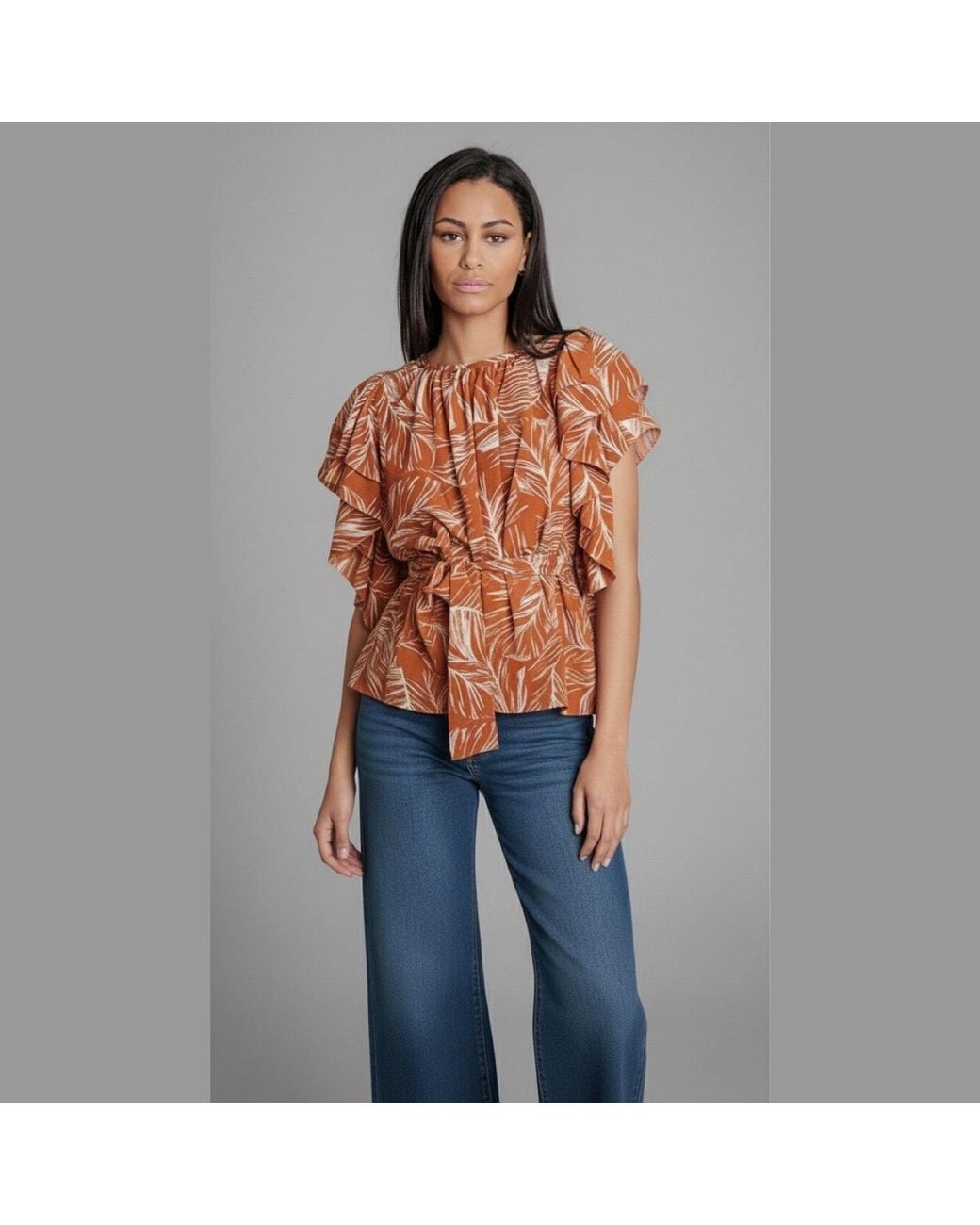 Imaatu Brown Butterfly Tropical Print Ruffle Sleeve Peplum Blouse Rust