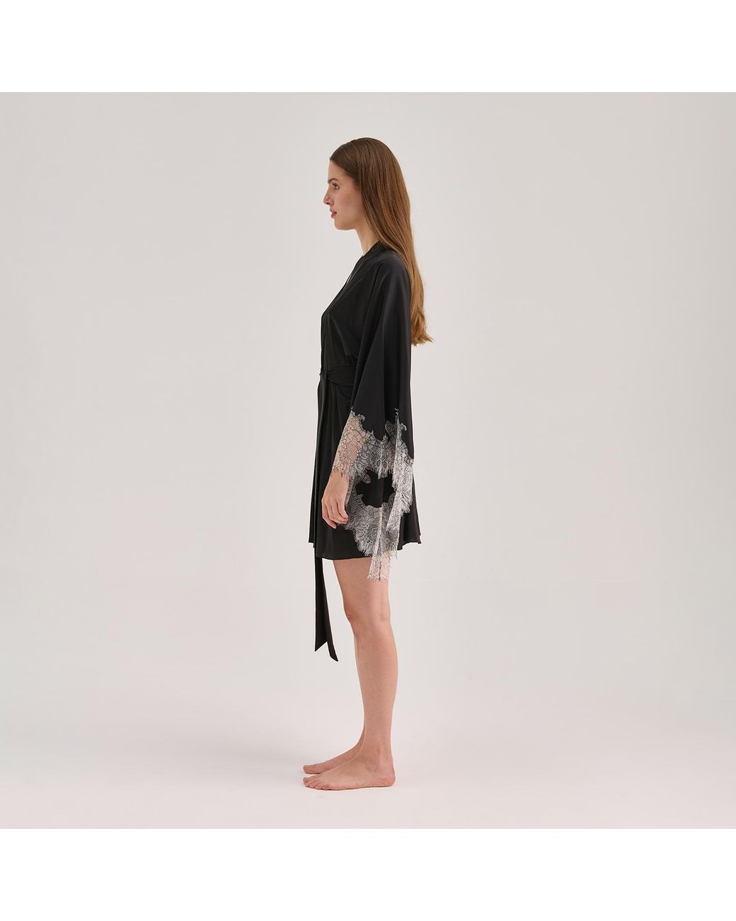 Avenue 8 Black Lace Mini Silk Robe