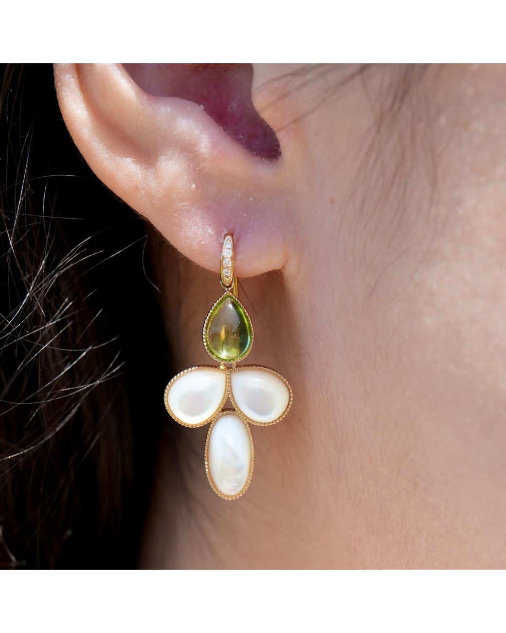 Kai Fine Jewelry Blue Solid Natural Peridot & Mother Of Pearl Diamond Snowdrop Flower Convertible Drop Earrings