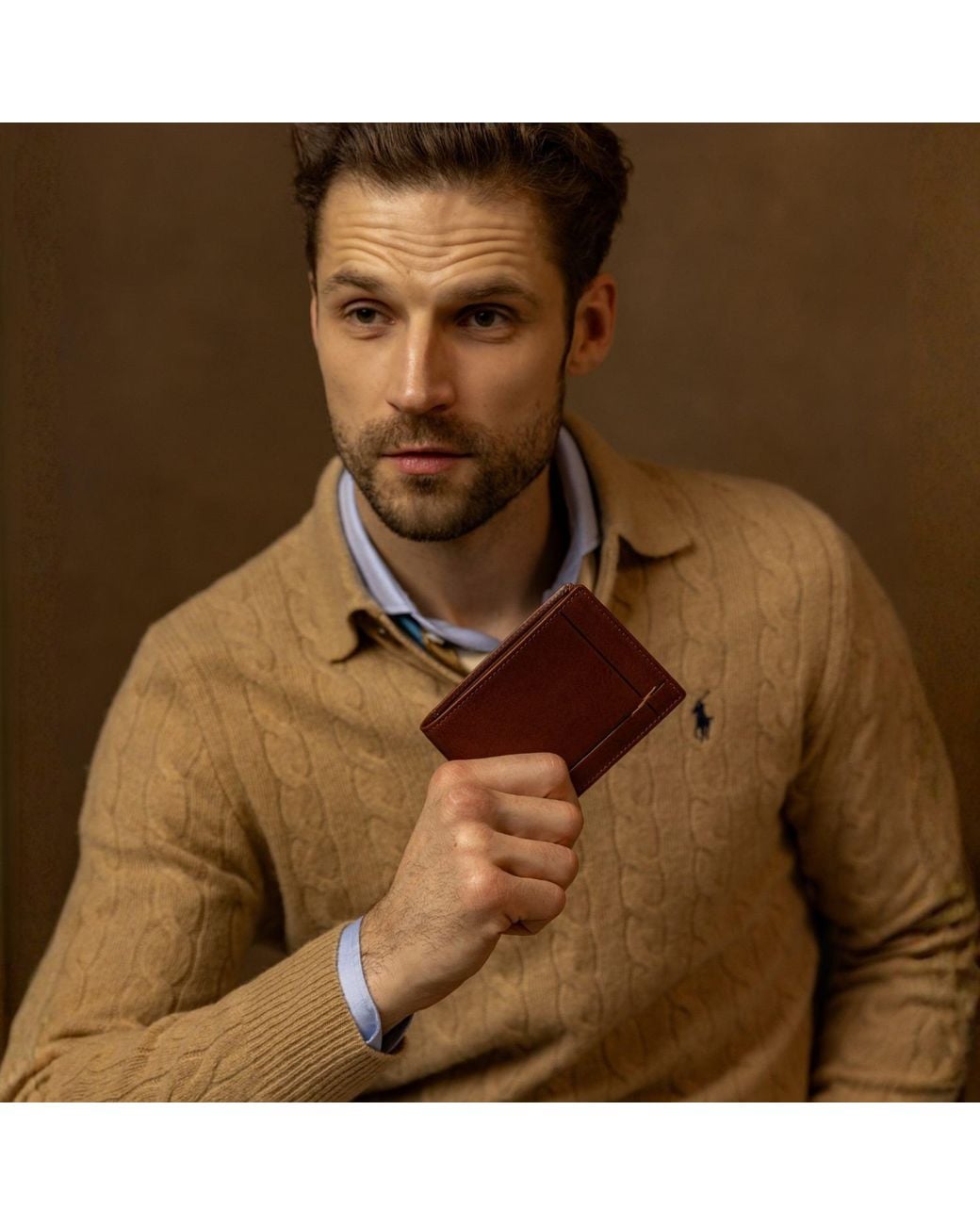 Time Resistance Brown Cognac Leather Bifold Wallet for men
