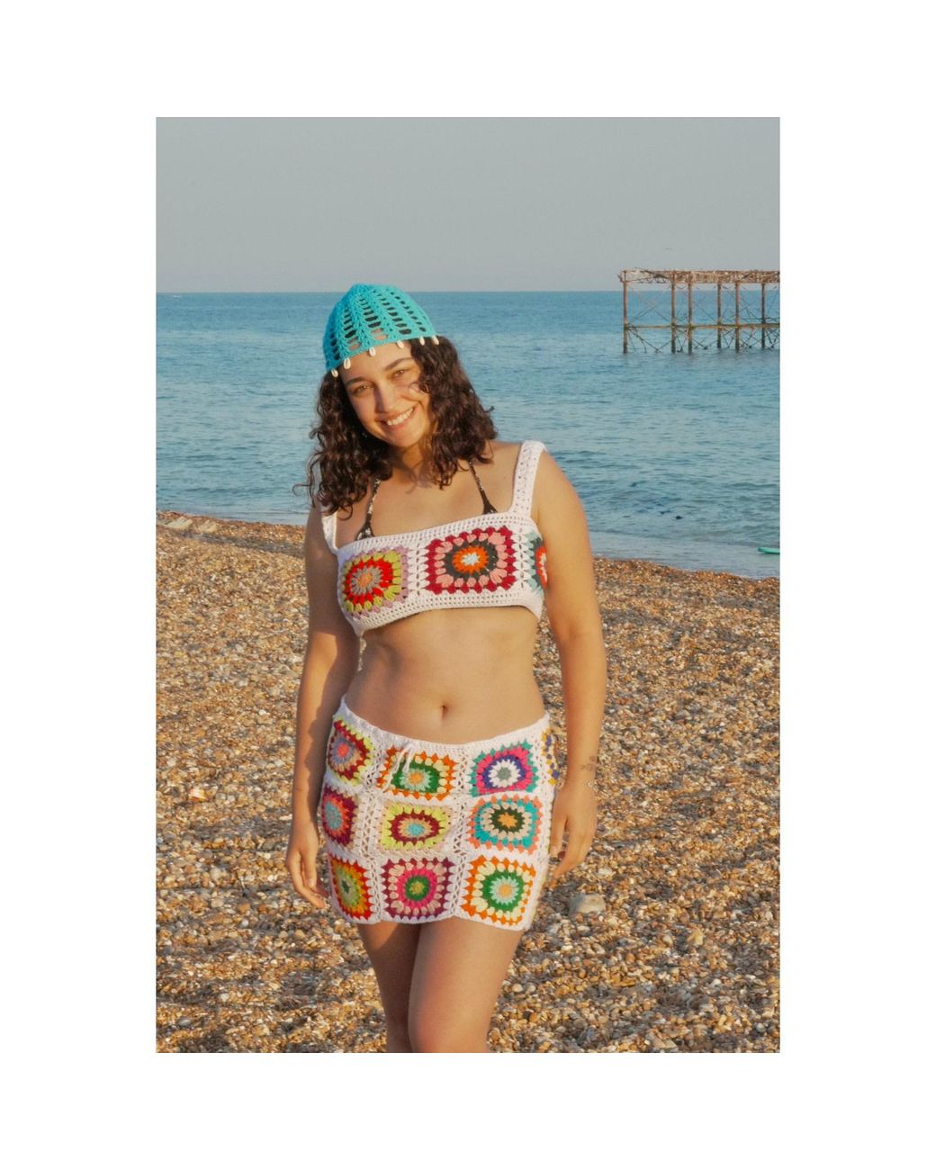 Ana Chic Blue Sunburst Granny Square Handmade Crochet Crop Top