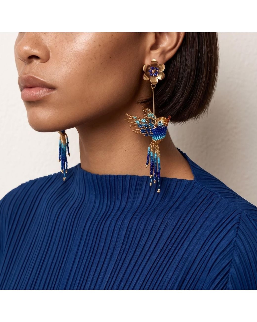 Iliana Arrazola Blue Hummingbird Dangle Earrings, Glass Beads, Beaded Jewelry
