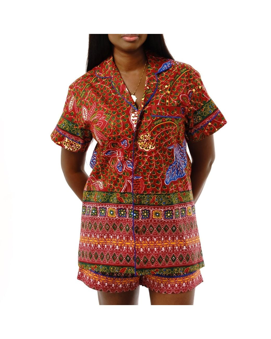 Ohema Ohene Red Luxury African Print Pyjama Shorts Set- Wine