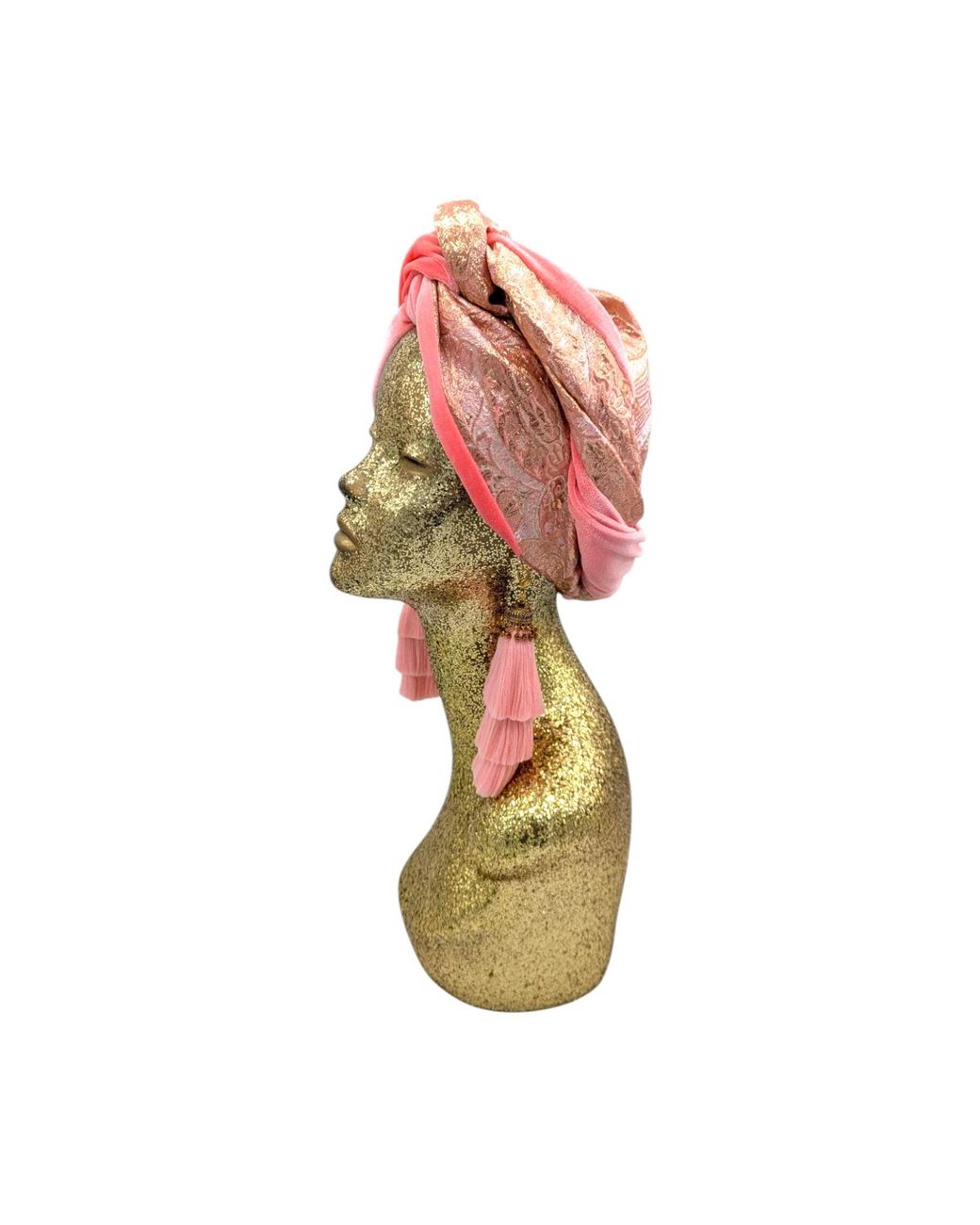 Julia Clancey Red Golden Brocade & Coral Velour Luxe Swinglette Turban