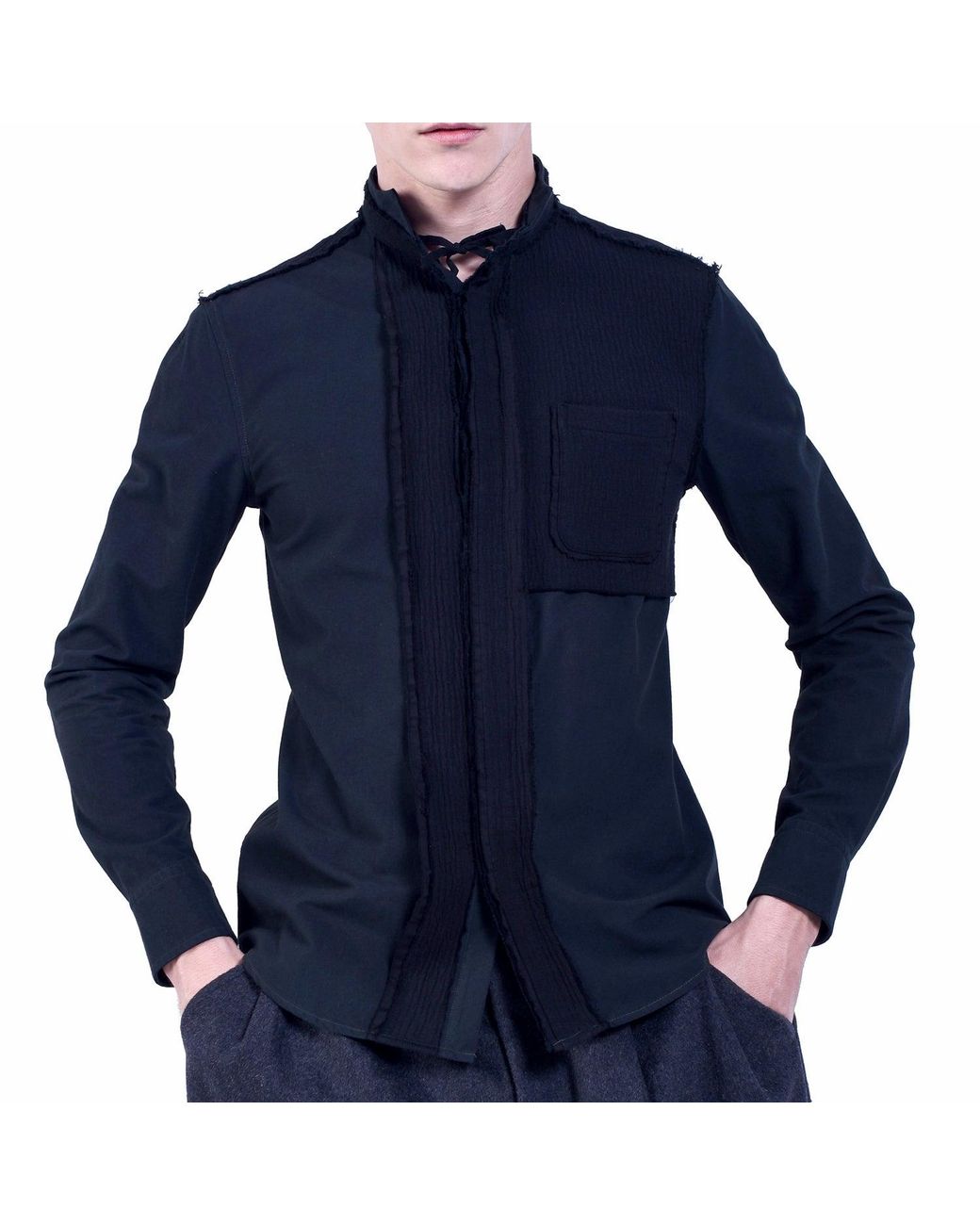 Smart and Joy Blue Bi-Material Shirt With Tied Stand-Up Collar for men
