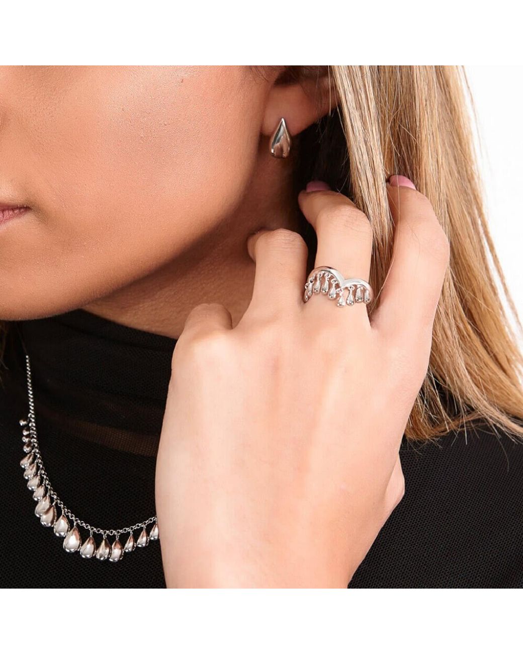 Lucy Quartermaine Metallic Solid Sterling Wishbone Tear Drop Ring