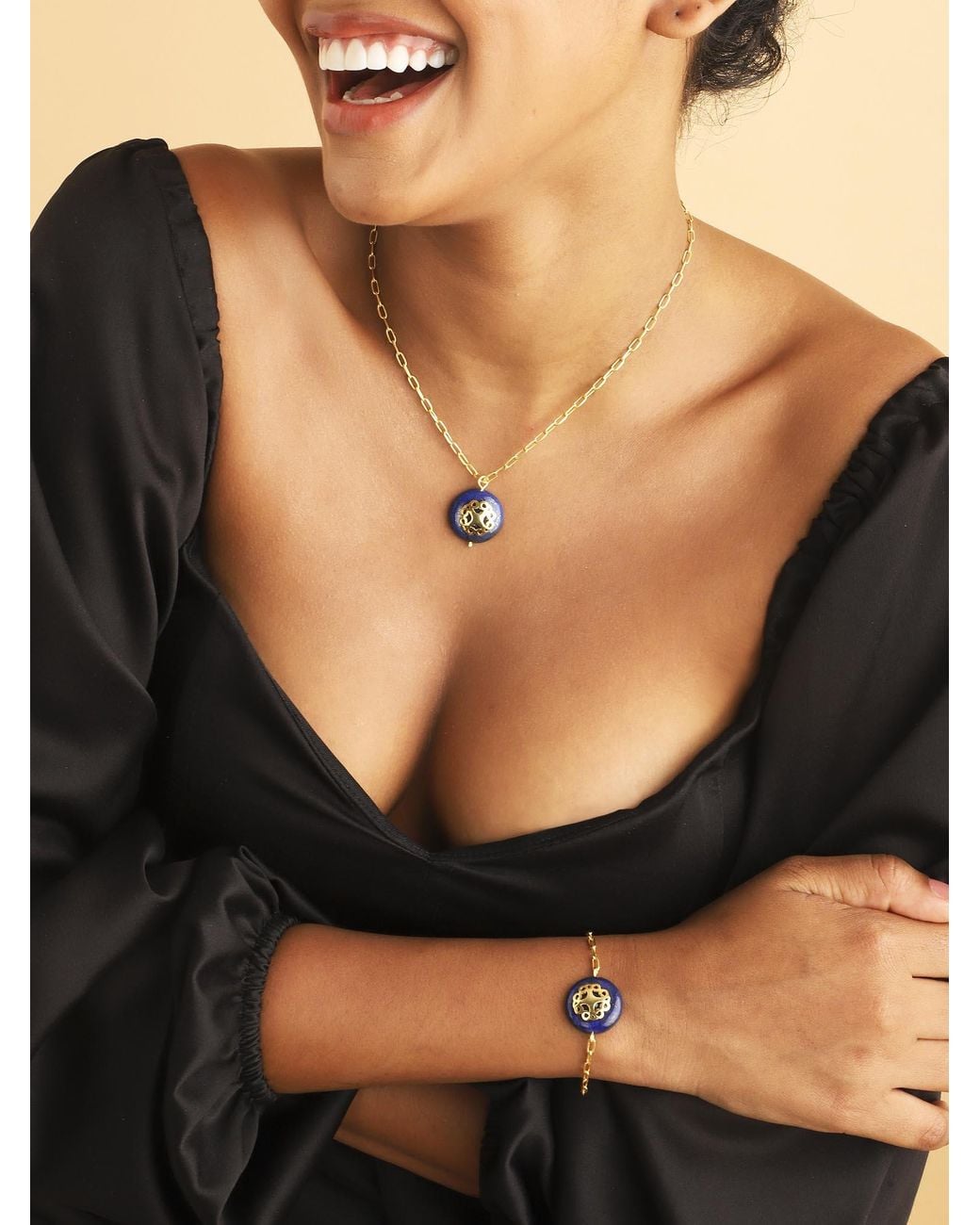 Lila Rasa Metallic Lapis Lazuli Necklace With Filigree