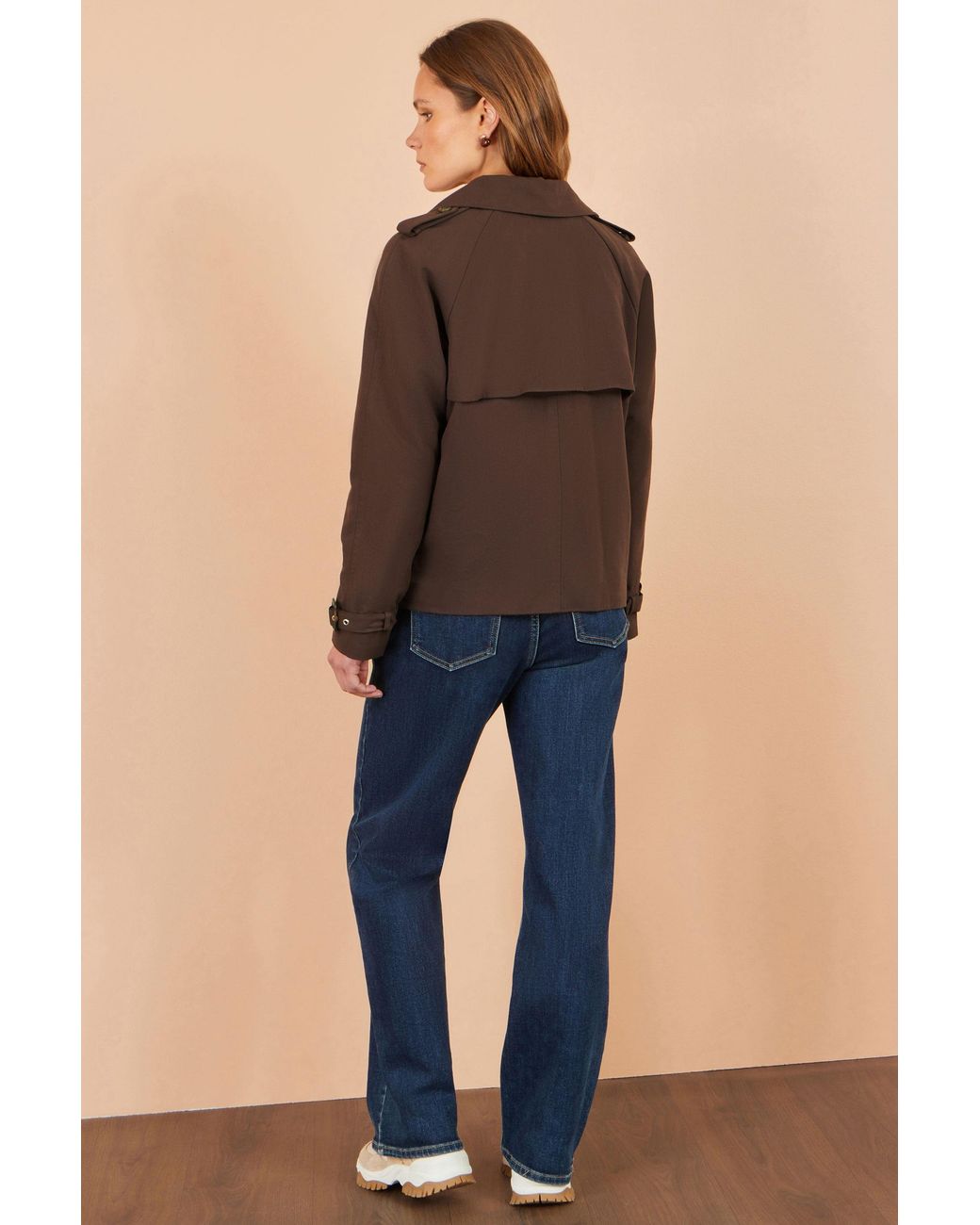 Yumi' Brown Cropped Trench Coat With Check Lining