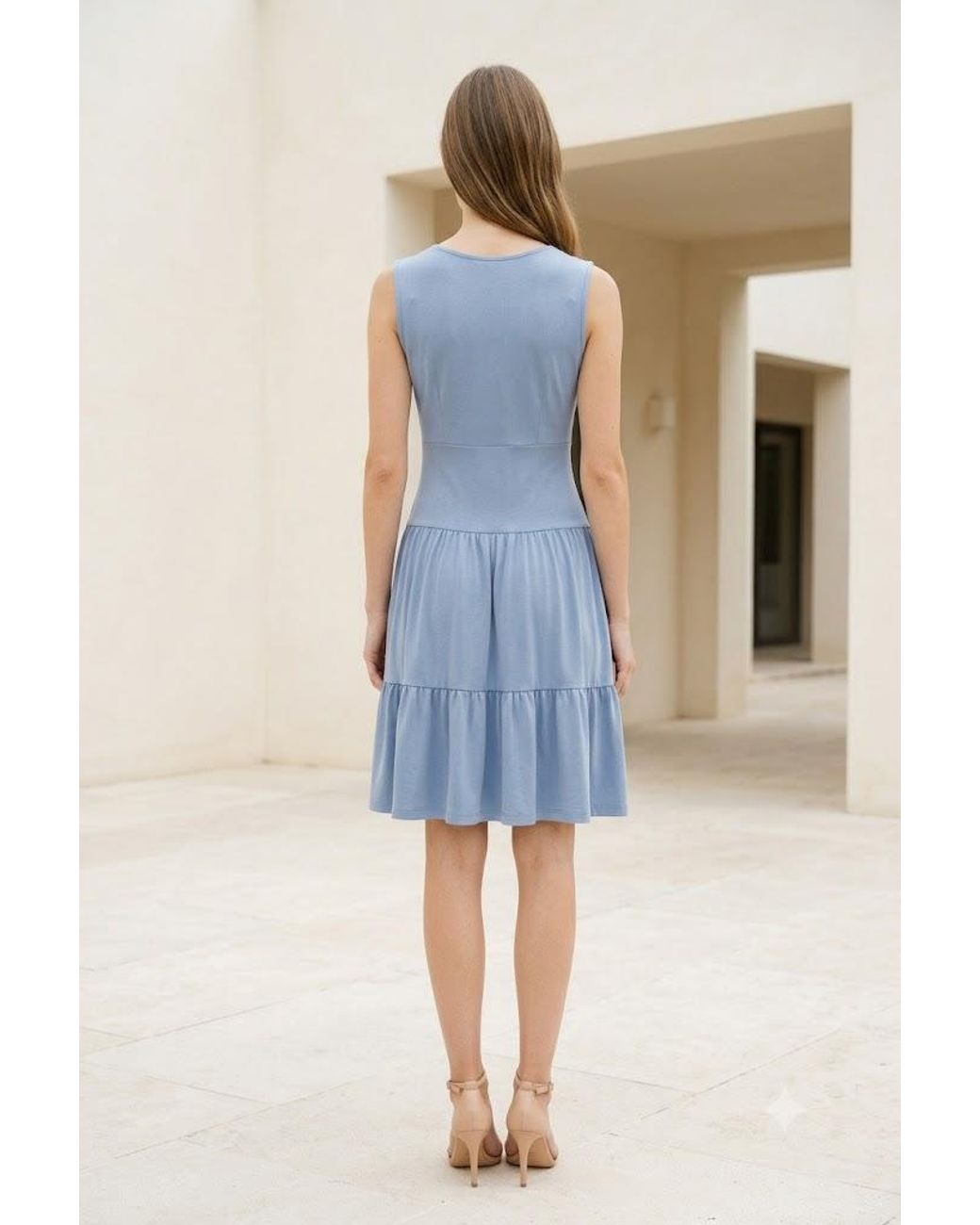 Conquista Blue Pleated V-Neck Flounce Dress